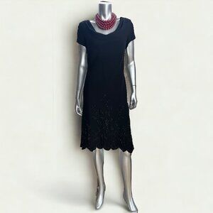 S.L Fashions Black Cocktail Beaded Midi Short Sleeve Dress